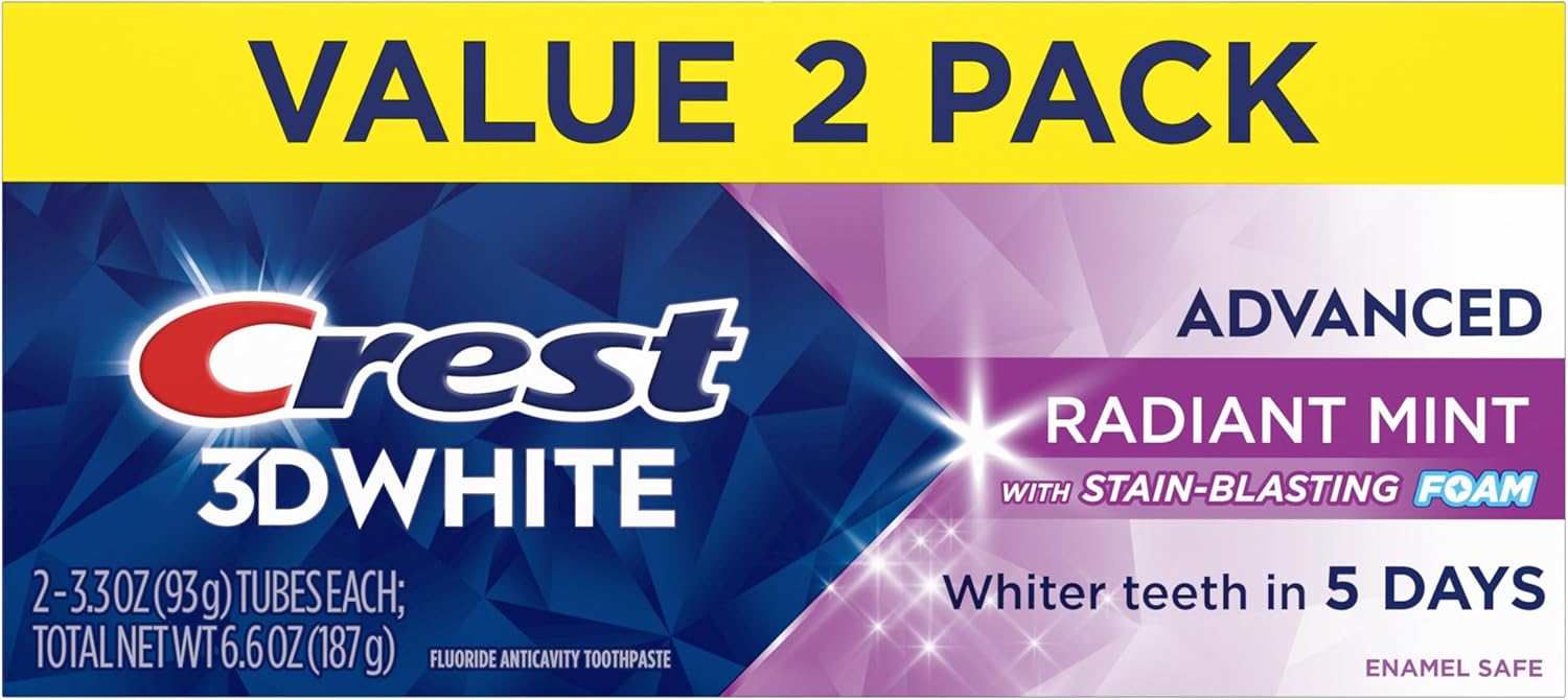 Crest 3D White Advanced Teeth Whitening Toothpaste, Radiant Mint - 2 Pack