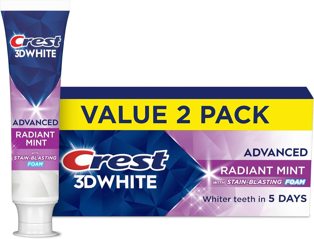 Crest 3D White Advanced Teeth Whitening Toothpaste, Radiant Mint - 2 Pack