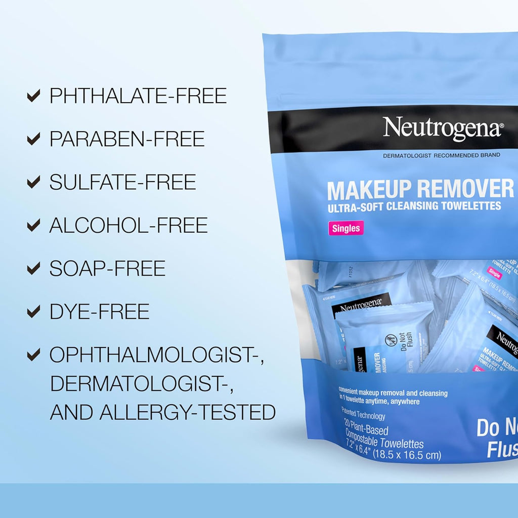 Neutrogena Makeup Remover Face Wipes, Single Facial Cleansing Wipes, 20 Count
