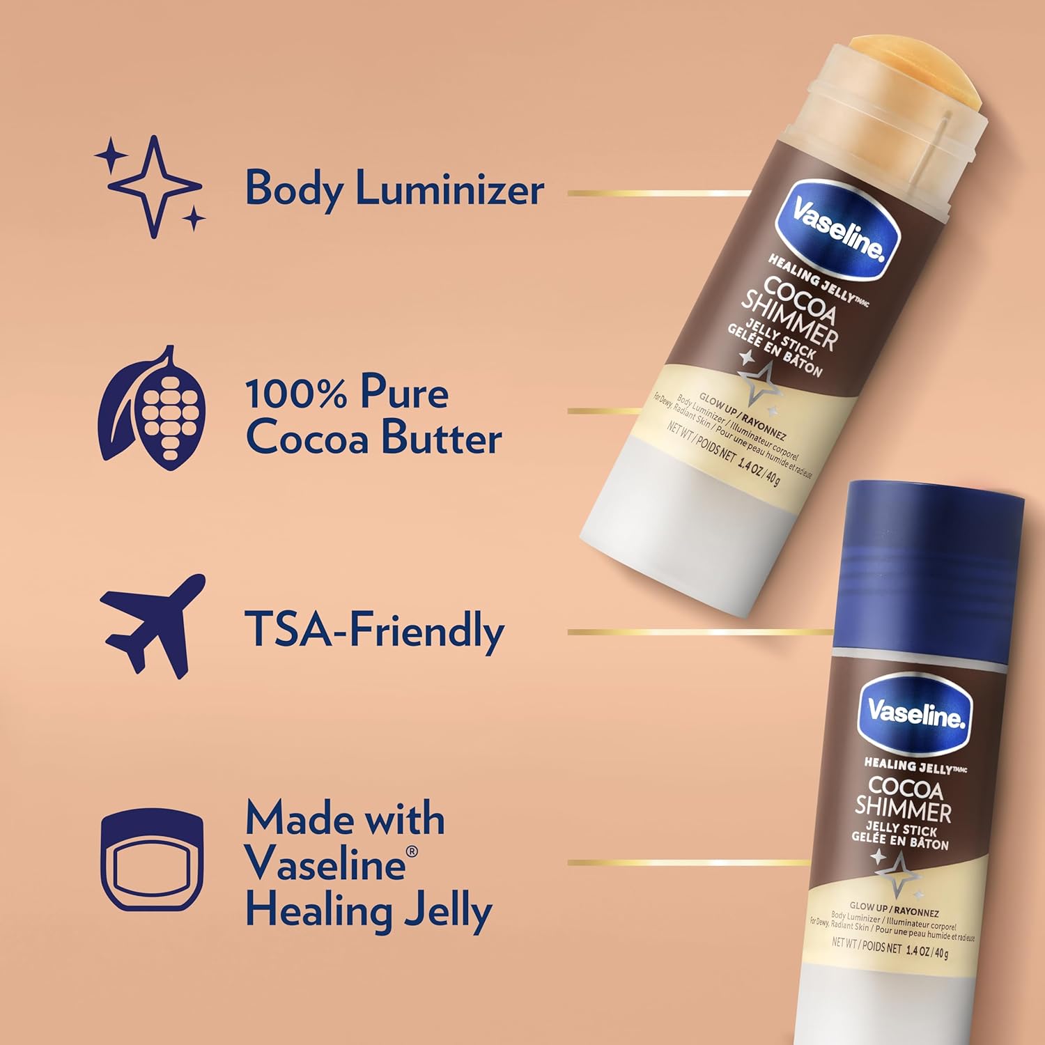 Vaseline Cocoa Shimmer Jelly Stick – Non-Greasy Moisturizer for Glowing Skin, Face & Body Lotion, Travel-Size