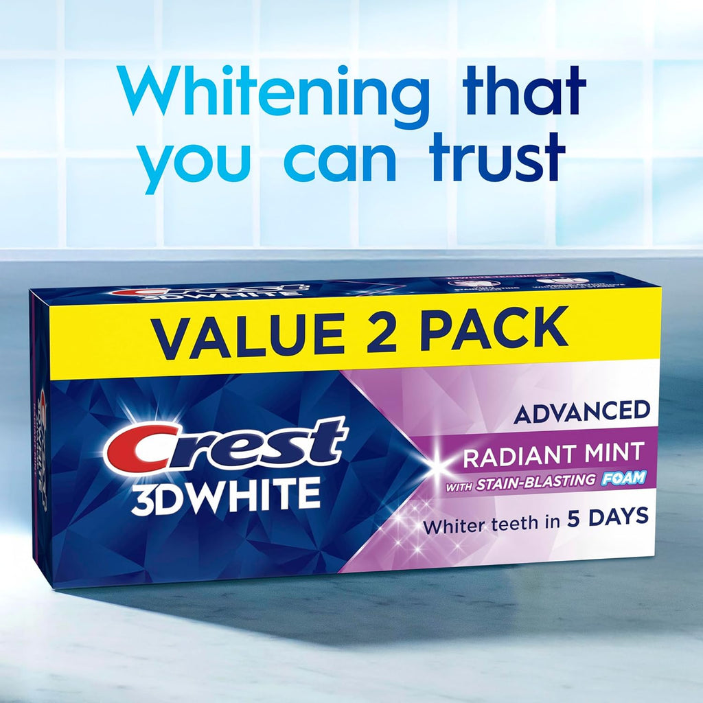 Crest 3D White Advanced Teeth Whitening Toothpaste, Radiant Mint - 2 Pack